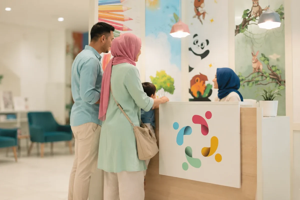 Une famille avec son enfant accueillie au comptoir de réception du centre Kids Care à Marrakech, devant une fresque murale illustrée d’animaux