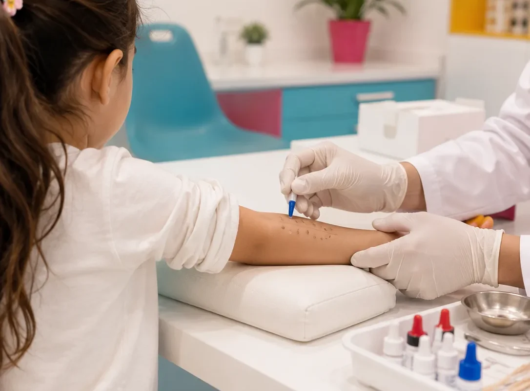 Tests cutanés d’allergie réalisés sur l’avant-bras d’une fillette par une soignante gantée, avec le plateau de flacons d’allergènes posé sur la table