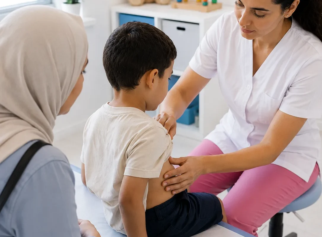 Une soignante examine l’abdomen d’un garçon assis sur la table d’examen, sa mère à ses côtés