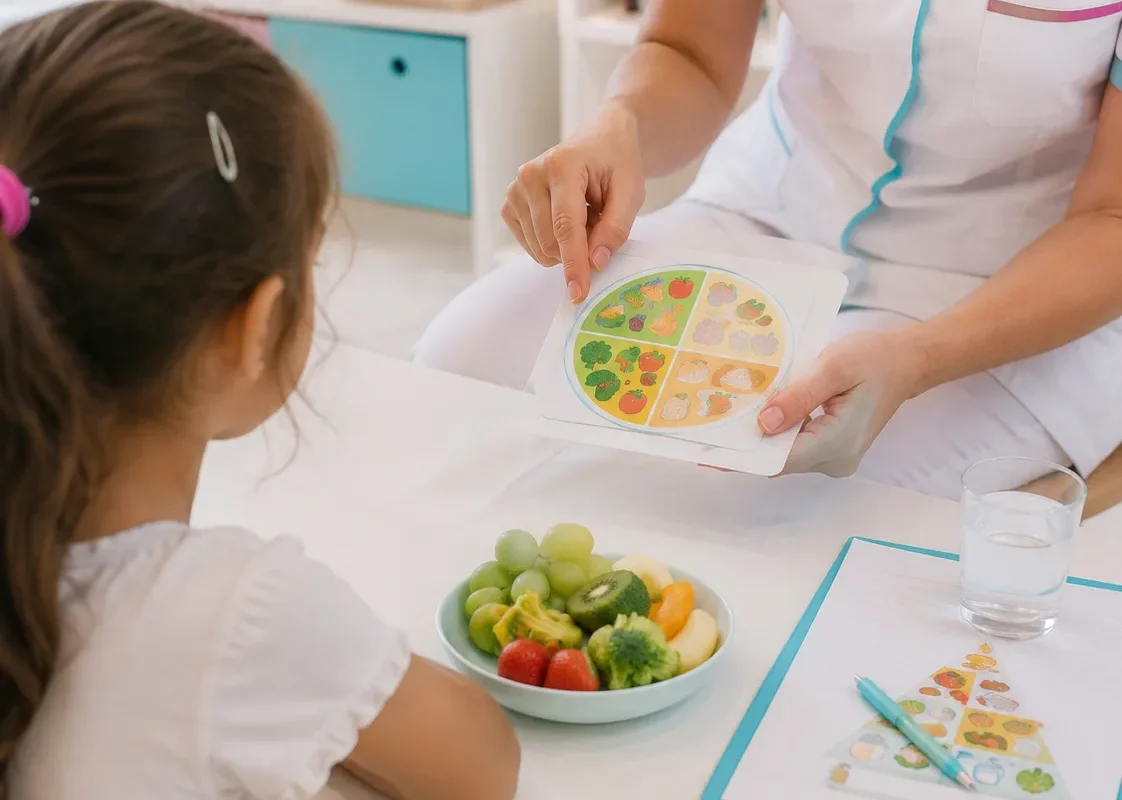 Une diététicienne présente une roue illustrée des groupes alimentaires à une fillette, à côté d’une coupe de fruits et de légumes
