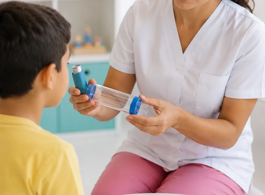 Une soignante montre à un garçon comment utiliser son inhalateur avec une chambre d’inhalation, à l’aide d’une fiche illustrée