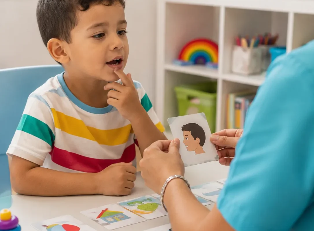 Une orthophoniste présente des cartes images à un jeune garçon lors d’une séance de langage au centre Kids Care