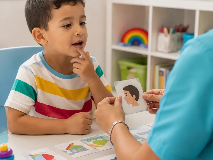 Une orthophoniste présente des cartes images à un jeune garçon lors d’une séance de langage au centre Kids Care