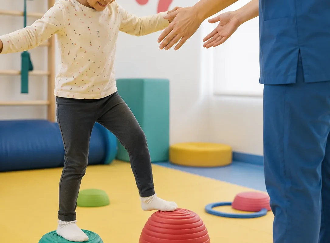 Une fillette franchit en équilibre un parcours de plots colorés, guidée par une soignante dans la salle de psychomotricité
