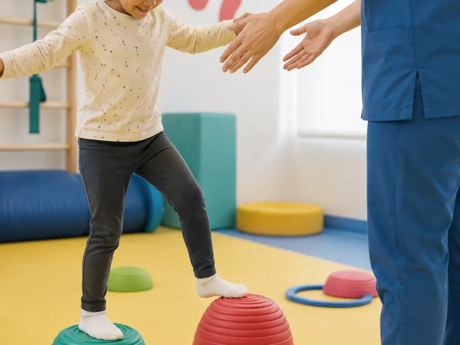 Une fillette franchit en équilibre un parcours de plots colorés, guidée par une soignante dans la salle de psychomotricité