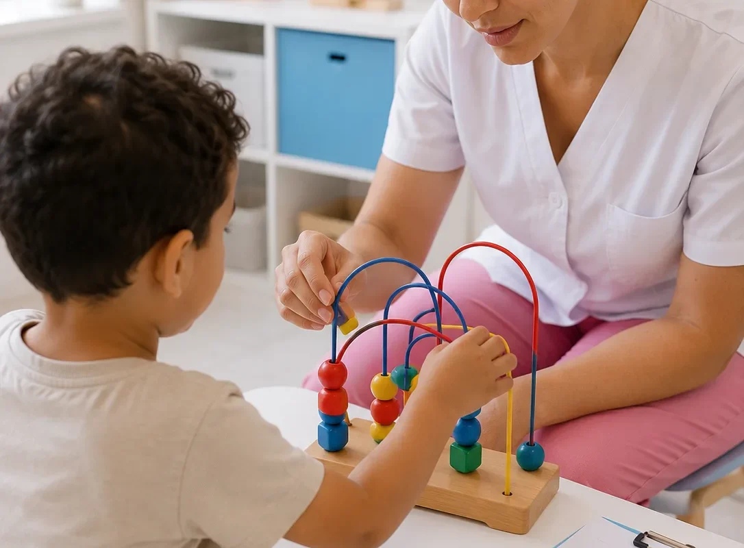 Un garçon manipule un jeu de perles sur tiges pendant une évaluation neurologique, face à une praticienne