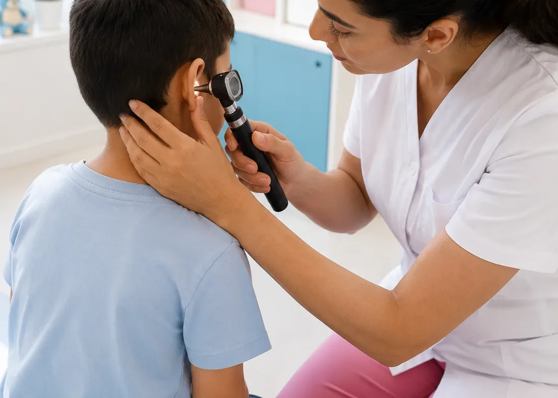 Une praticienne examine l’oreille d’un garçon à l’aide d’un otoscope