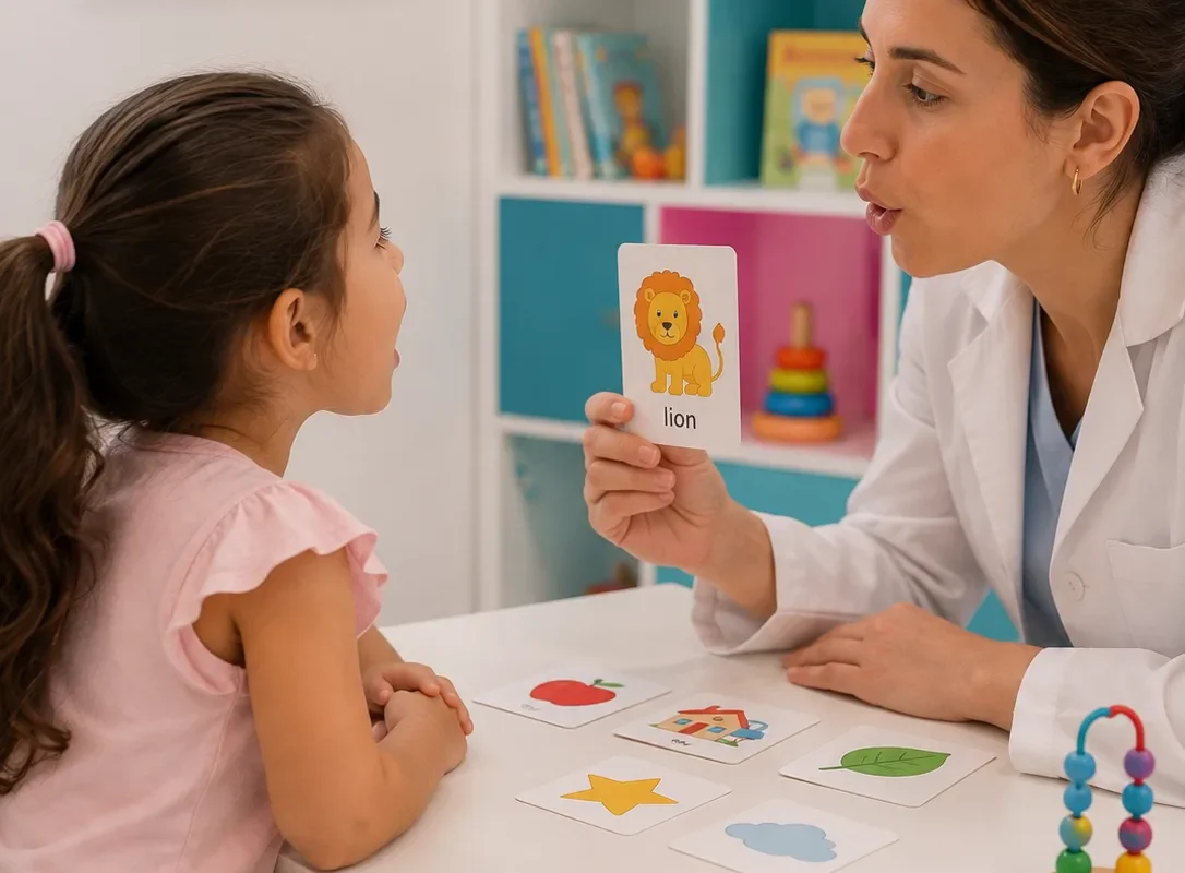 Une orthophoniste présente des cartes images à une fillette pendant une séance de rééducation du langage