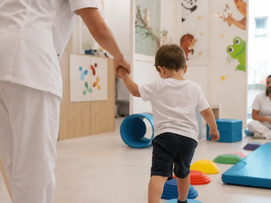 Un jeune enfant traverse un parcours de plots colorés en tenant la main d’une soignante, dans la salle de psychomotricité du centre