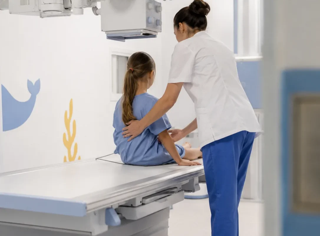 Une manipulatrice installe une fillette sur la table de radiologie sous le tube à rayons X