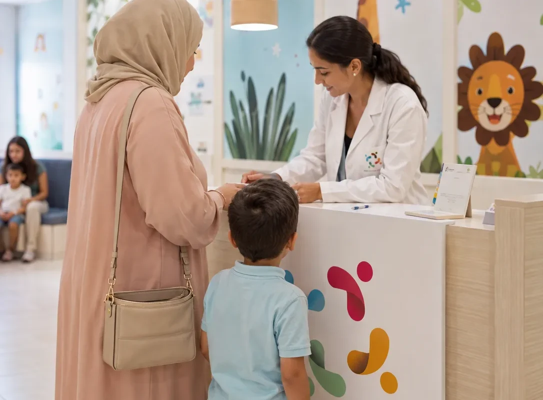 Une mère et son fils au comptoir d’accueil du centre Kids Care, reçus par une praticienne en blouse blanche