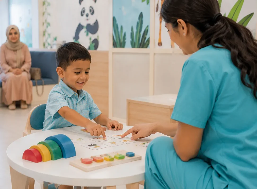 Une praticienne et un jeune garçon travaillent avec des cartes images et des jeux en bois autour d’une table