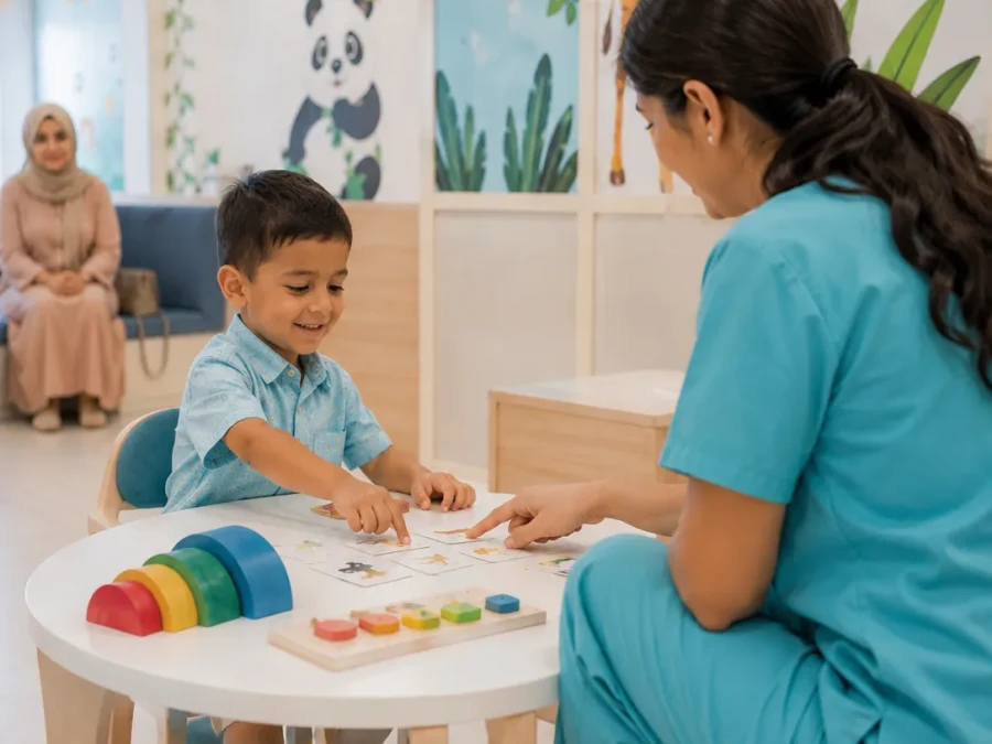 Une praticienne et un jeune garçon travaillent avec des cartes images et des jeux en bois autour d’une table ronde, dans une salle colorée