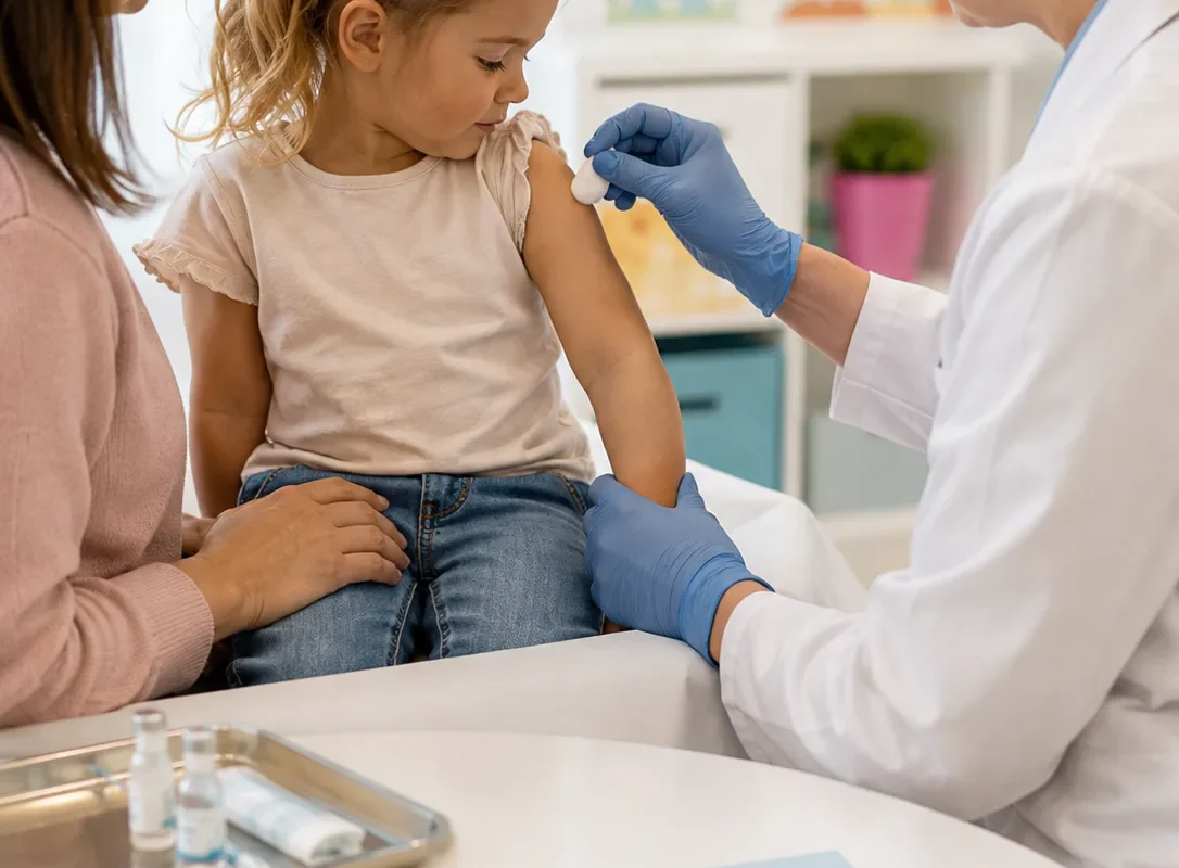 Une infirmière gantée vaccine le bras d’une fillette assise sur les genoux de sa mère
